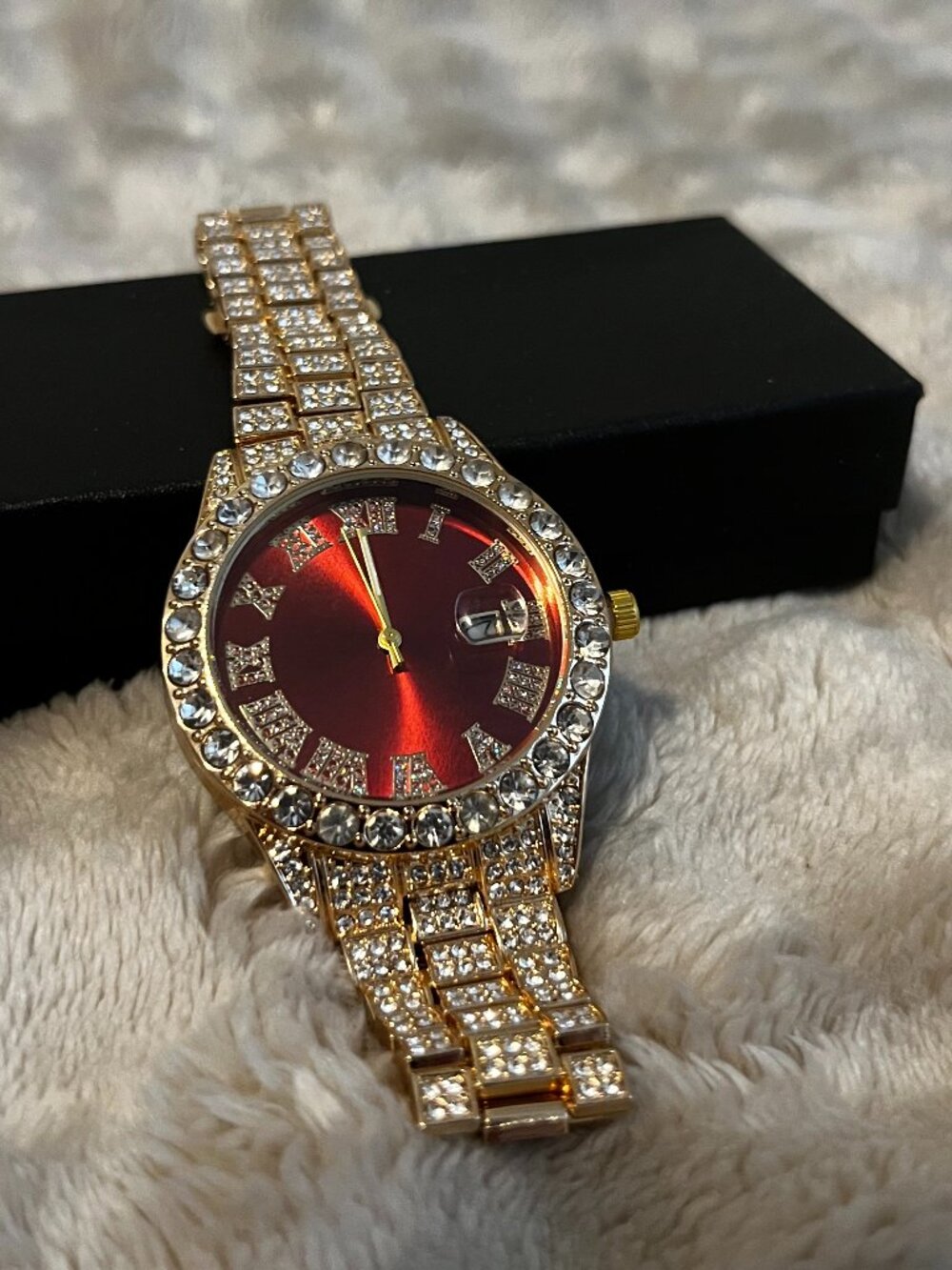 Geneva Men's Gold Tone Diamond Accent Bracelet Watch Red Classic Matte Dial